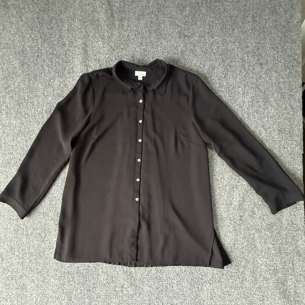 J.Jill Black Button Down Long Sleeve‎ Blouse Career Office Pleated Back Womens